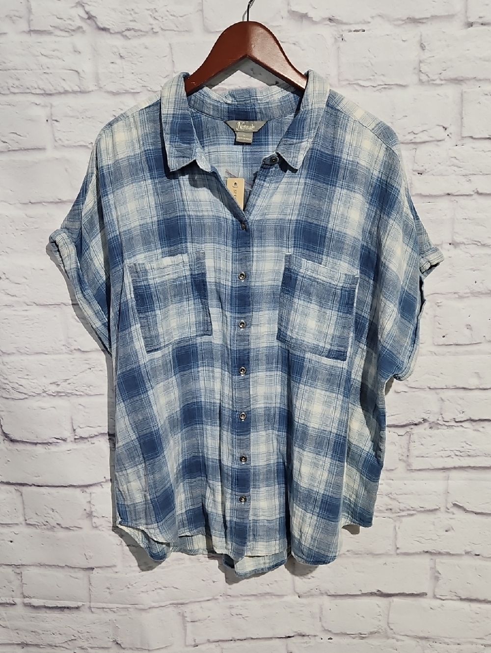 Natural Reflections Soft Blue & White Plaid Button-Down Shirt